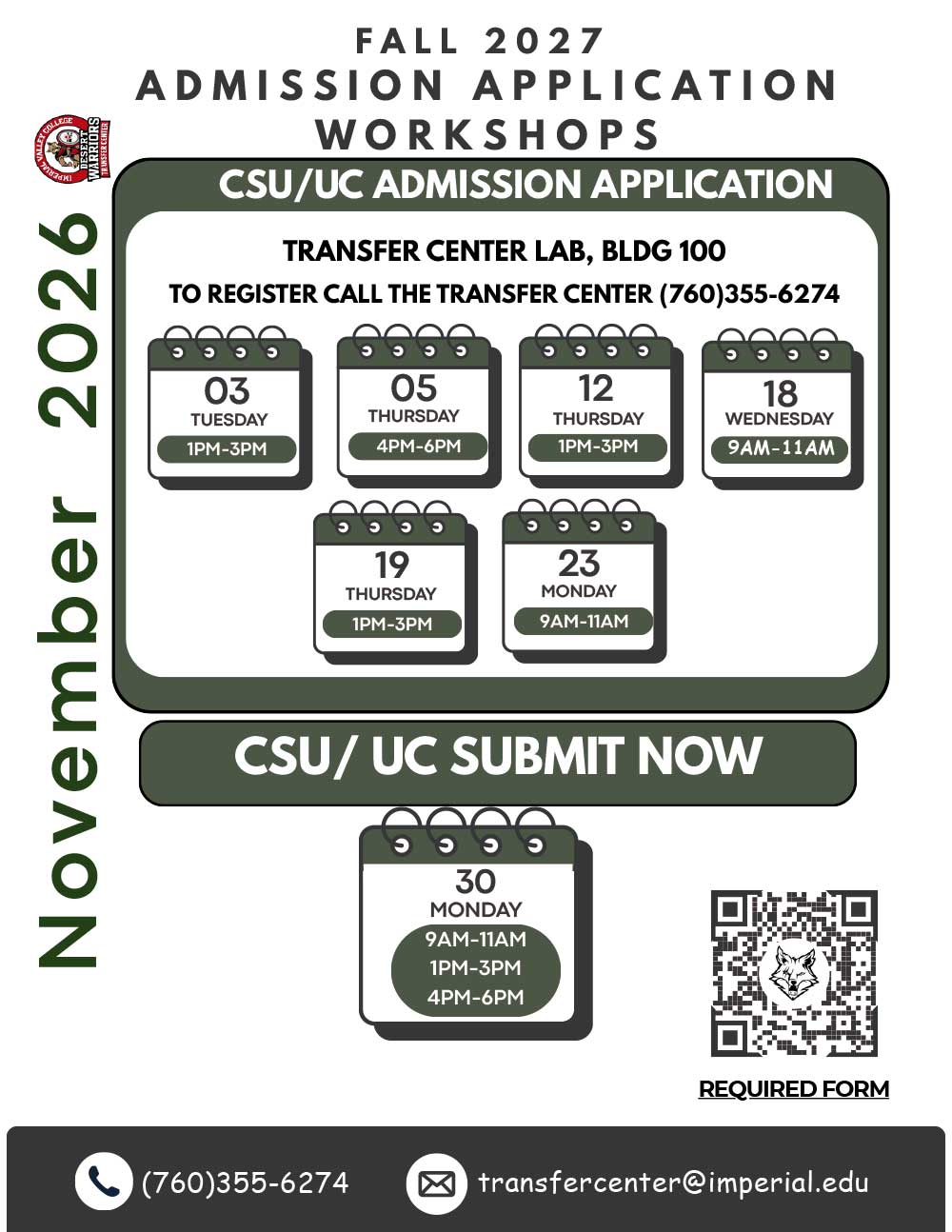 Imperial Valley College Fall 2026 CSU and UC Admission Application Workshops schedule flyer hosted by the Transfer Center.